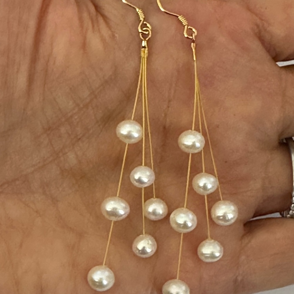 AAA Cultured White Pearl Dangle Earrings-14K GP - Picture 1 of 11